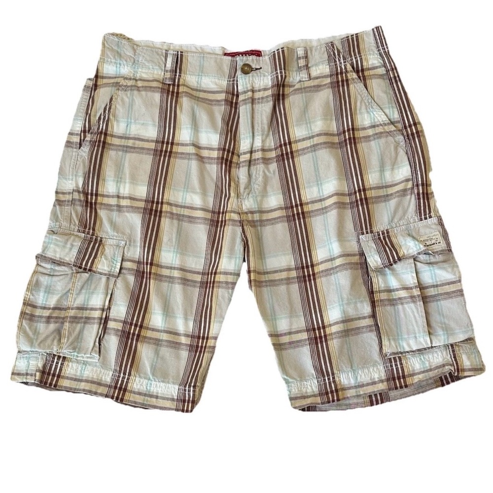 Levi’s Men’s Cargo Plaid Shorts 42 Brown Blue Flat Front Cotton Gorpcore Y2K